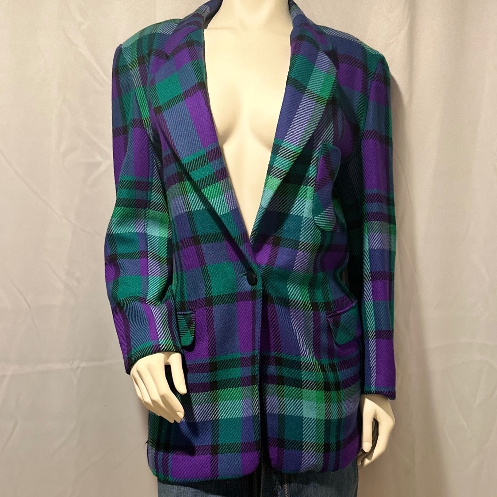Vintage 80s Plaid Blazer 100% Wool Purple Green Boxy Fingertip Length USA Sz 8